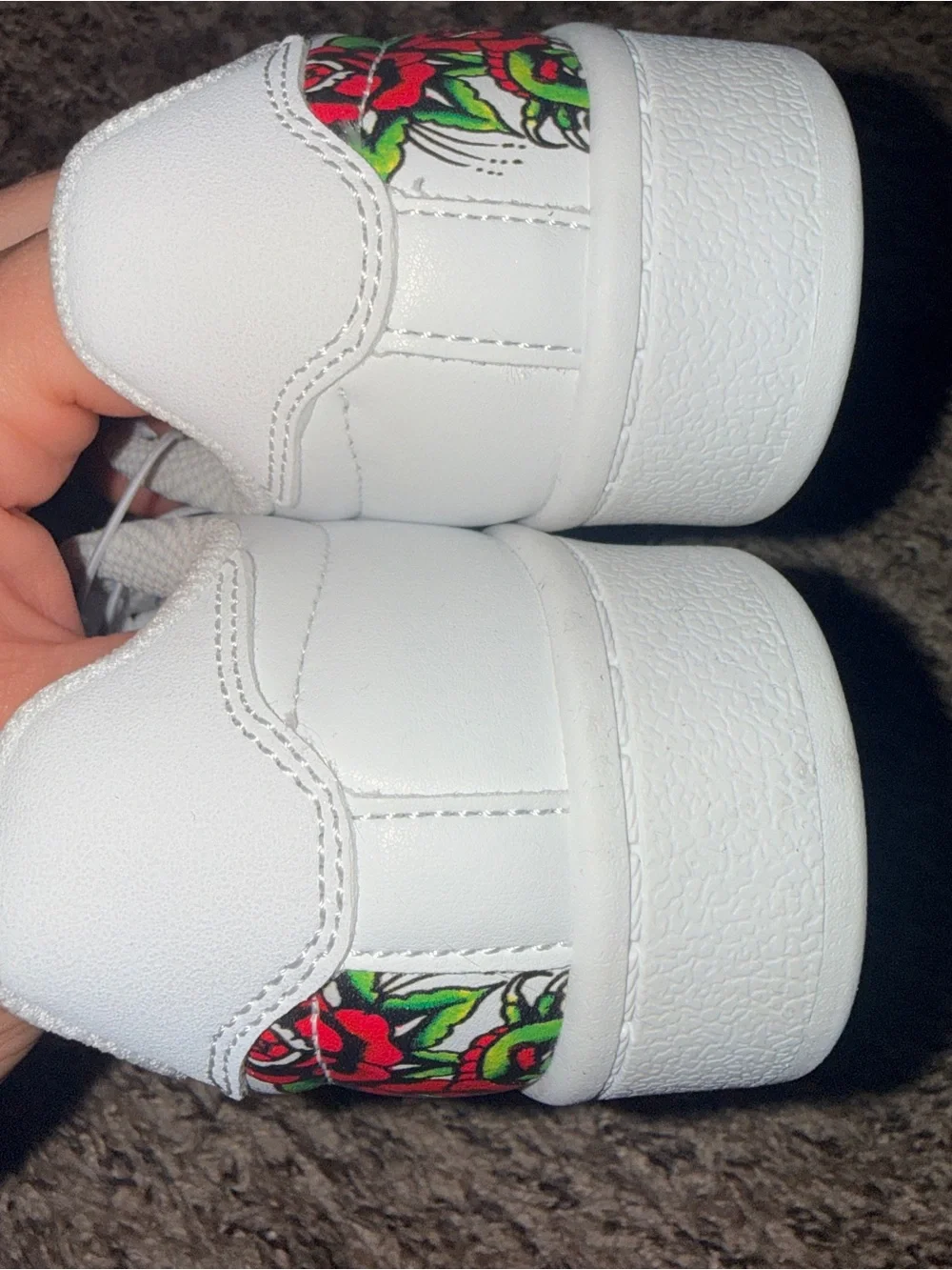 Ed Hardy White Sneakers with Red Rose and Green Leaf Side Art